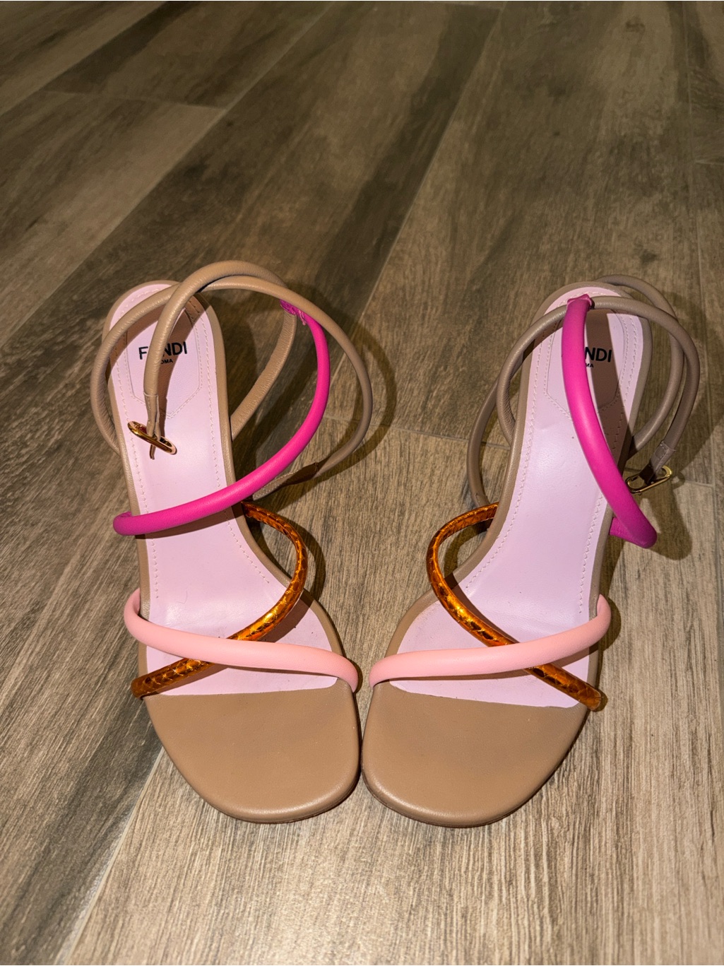 Fendi Pink, Light Pink & Tan Multi-Strap High-Heel Sandals